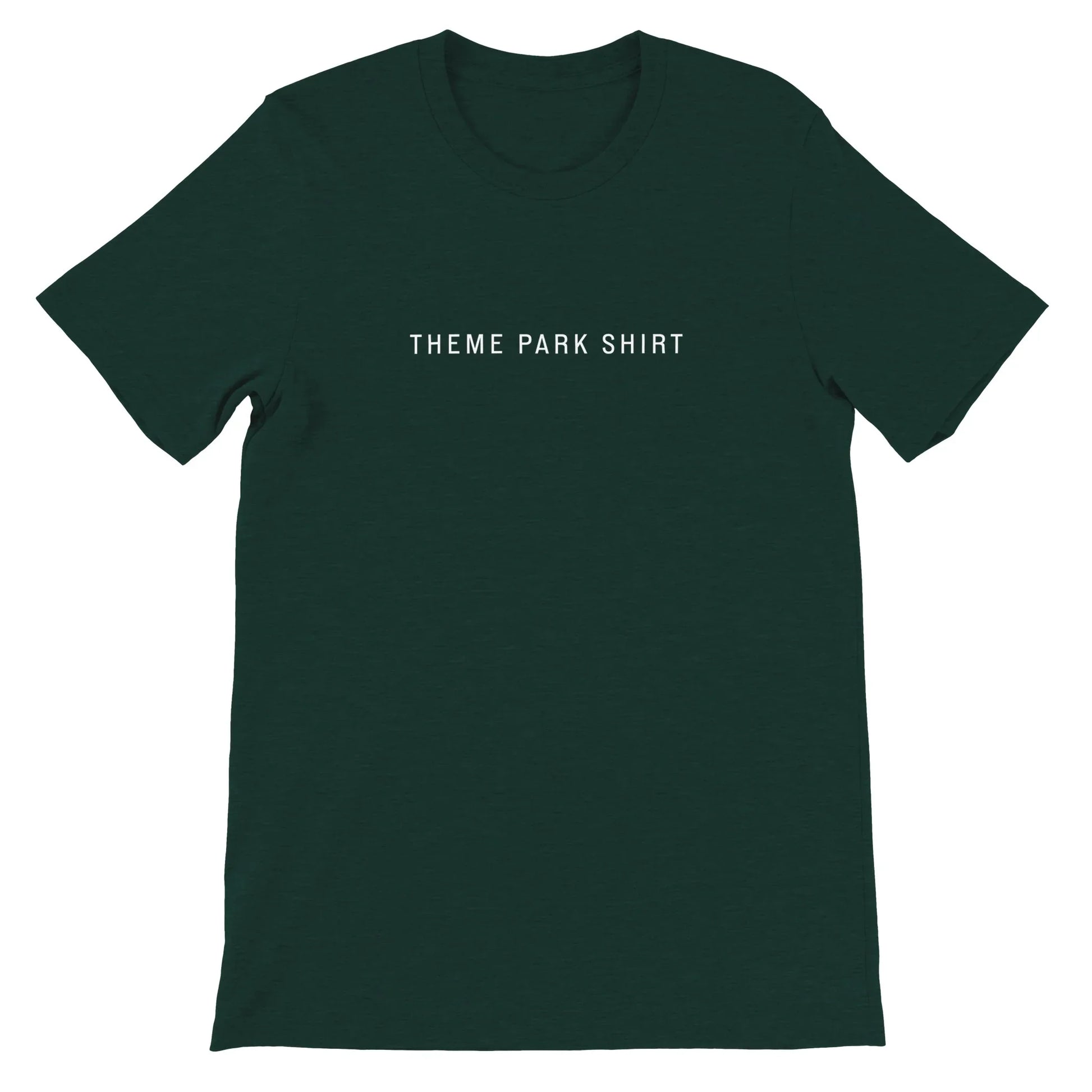 Green Theme Park Shirt with text says “Theme Park Shirt” in a minimalistic design