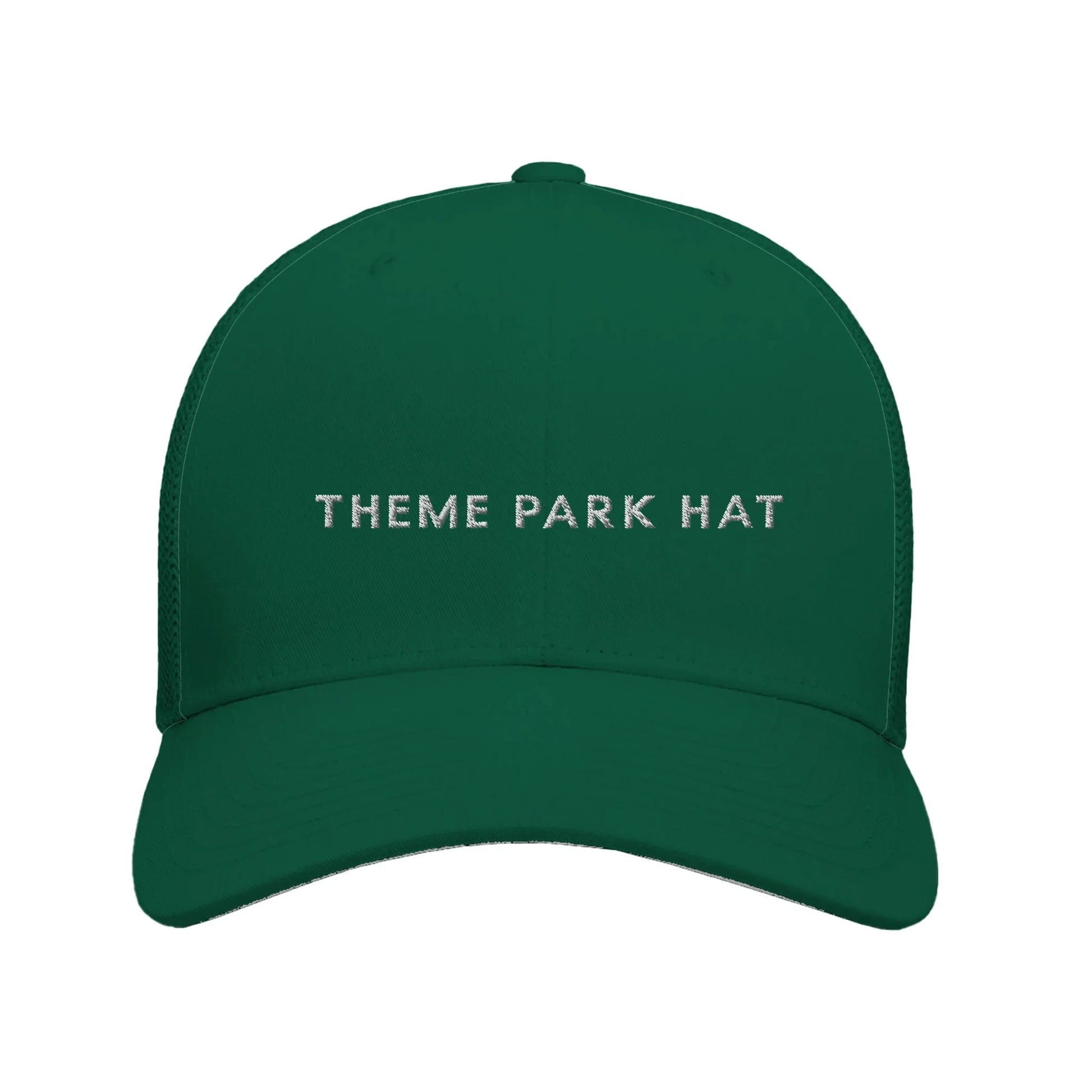 Green Embroidered Theme Park Trucker Hat with With “Theme Park Hat” in a minimalistic design