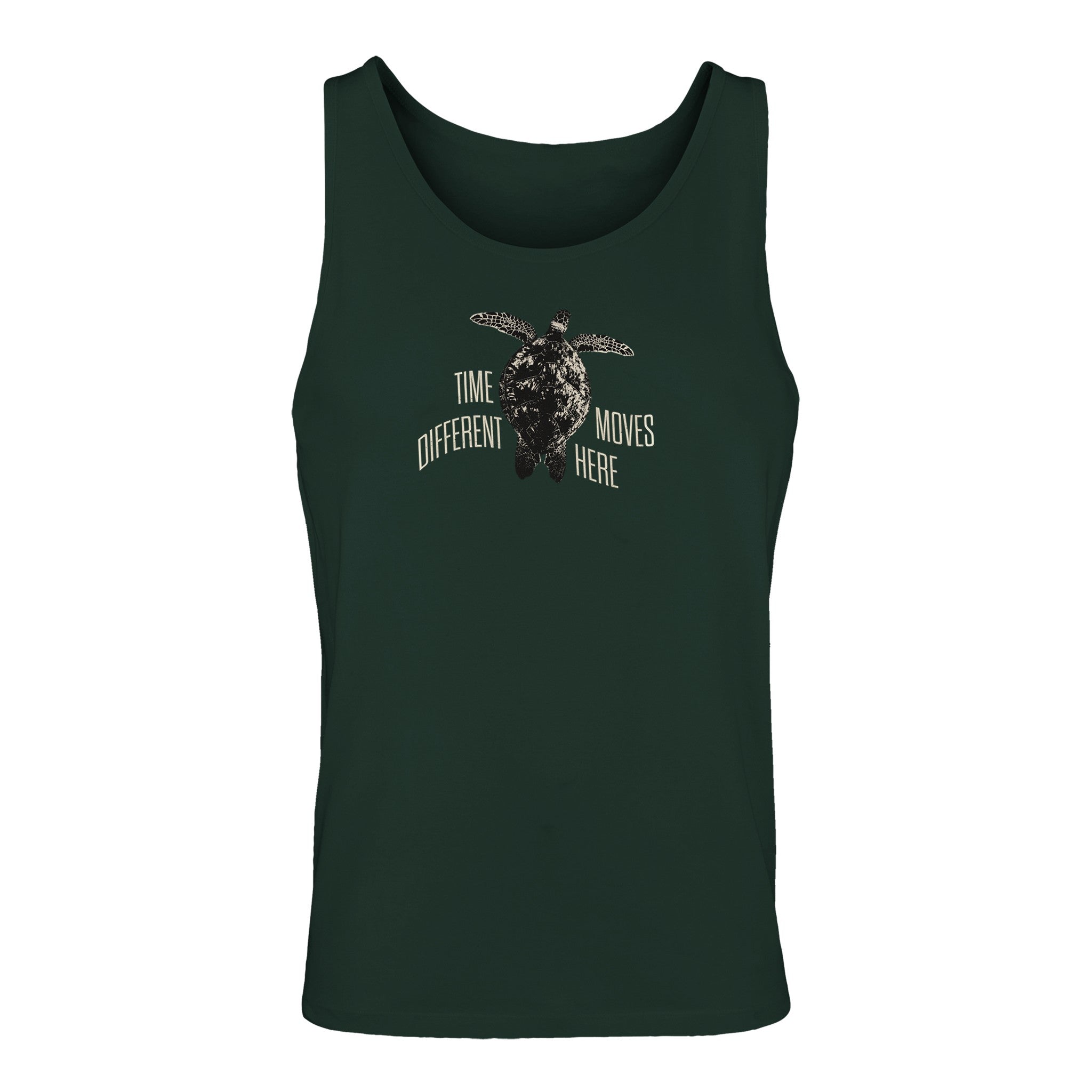 Dark green tank top with sea turtle graphic and 'Time moves different here' text