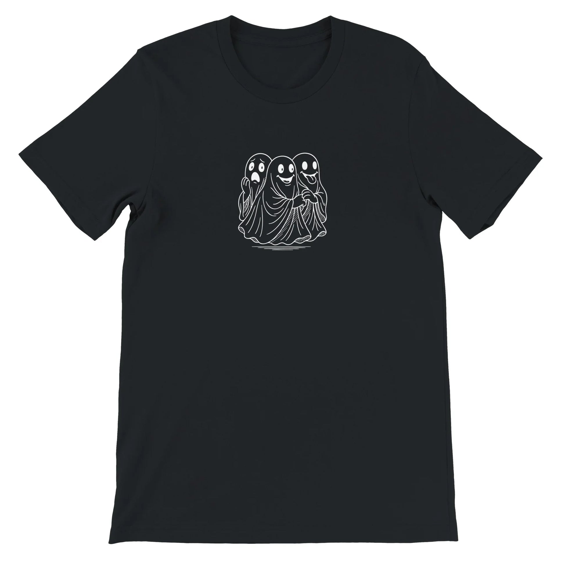 Black Spooky Season Theme Park Shirt with three ghosts going through a haunted house in a minimalistic design
