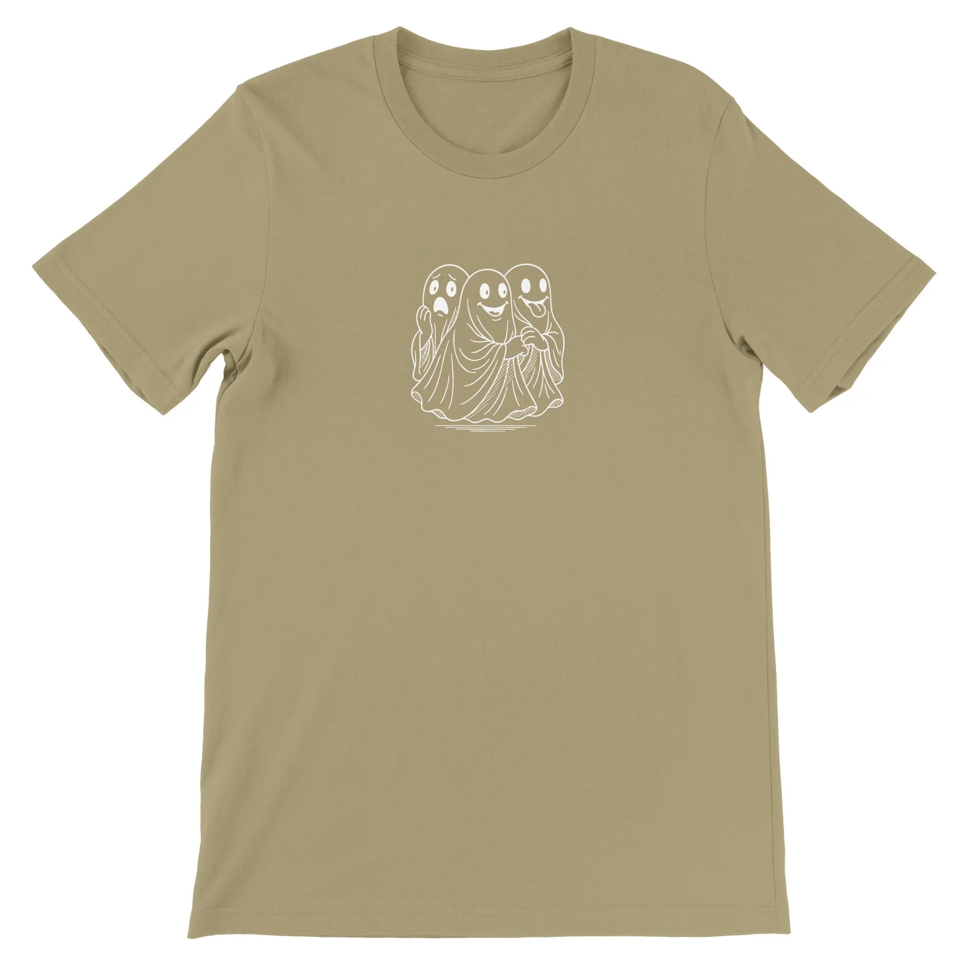 Tan Spooky Season Theme Park Shirt with three ghosts going through a haunted house in a minimalistic design