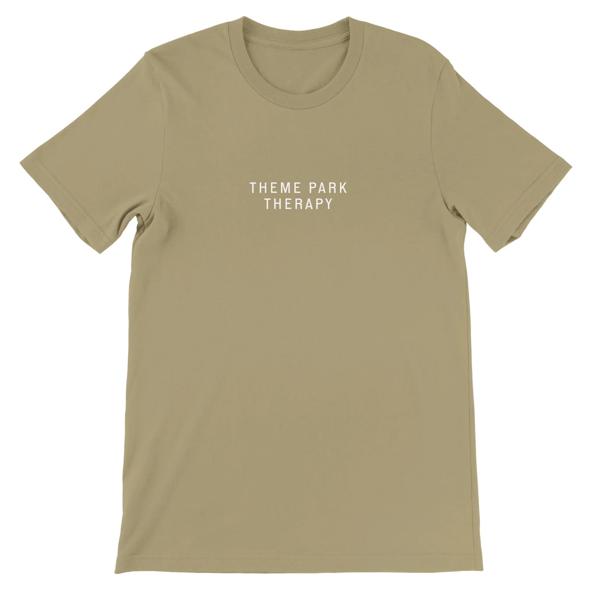 Tan Theme Park Shirt that says “Theme Park Therapy” in a minimalistic design