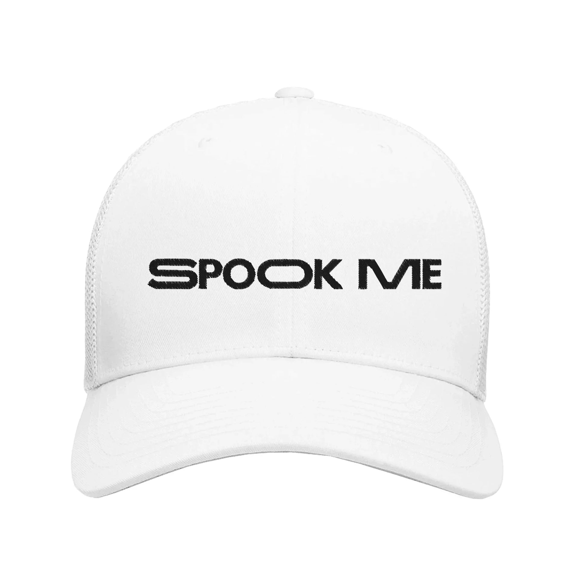 White Embroidered Spooky Season Theme Park Trucker Hat with With “Spook Me” in a minimalistic design