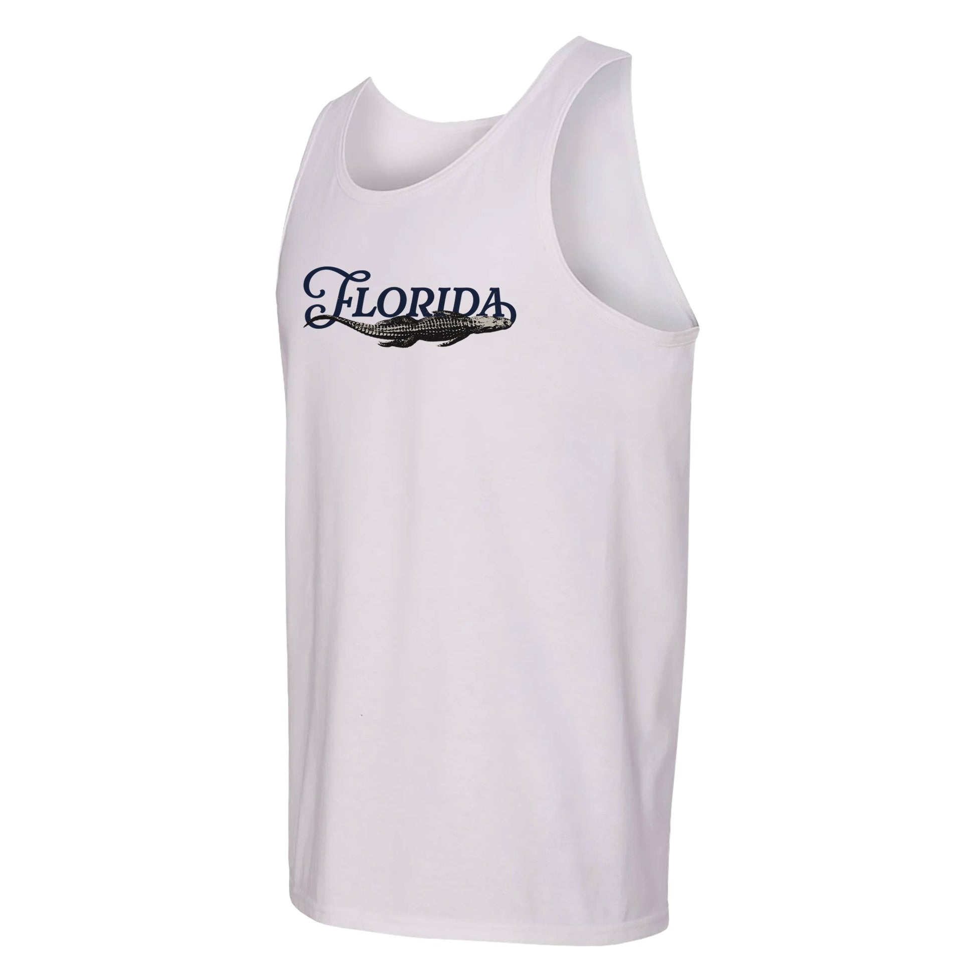 White tank top with 'Florida' text and alligator graphic, Florida-themed apparel