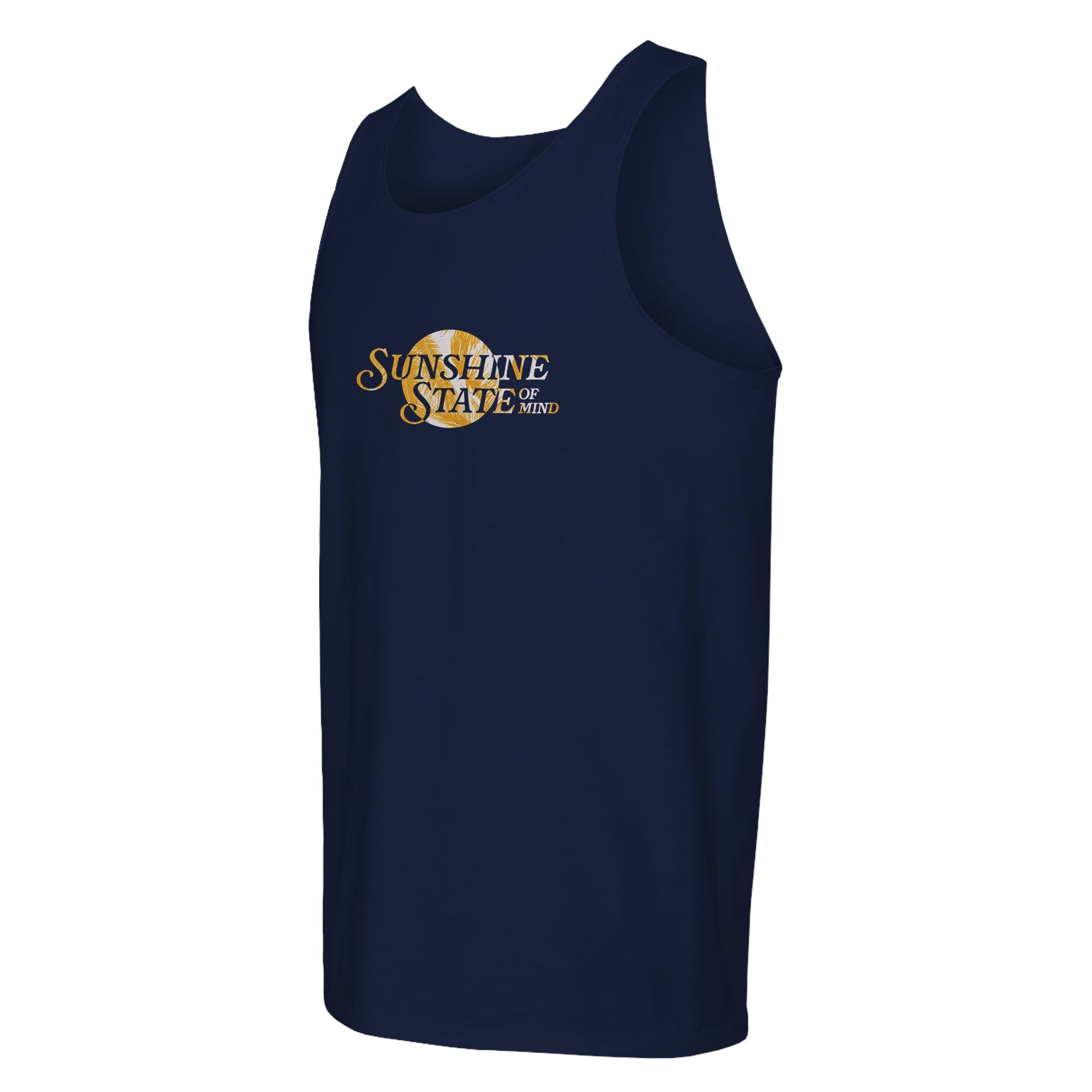 Navy blue tank top with 'Sunshine State of Mind' text and sun graphic on chest