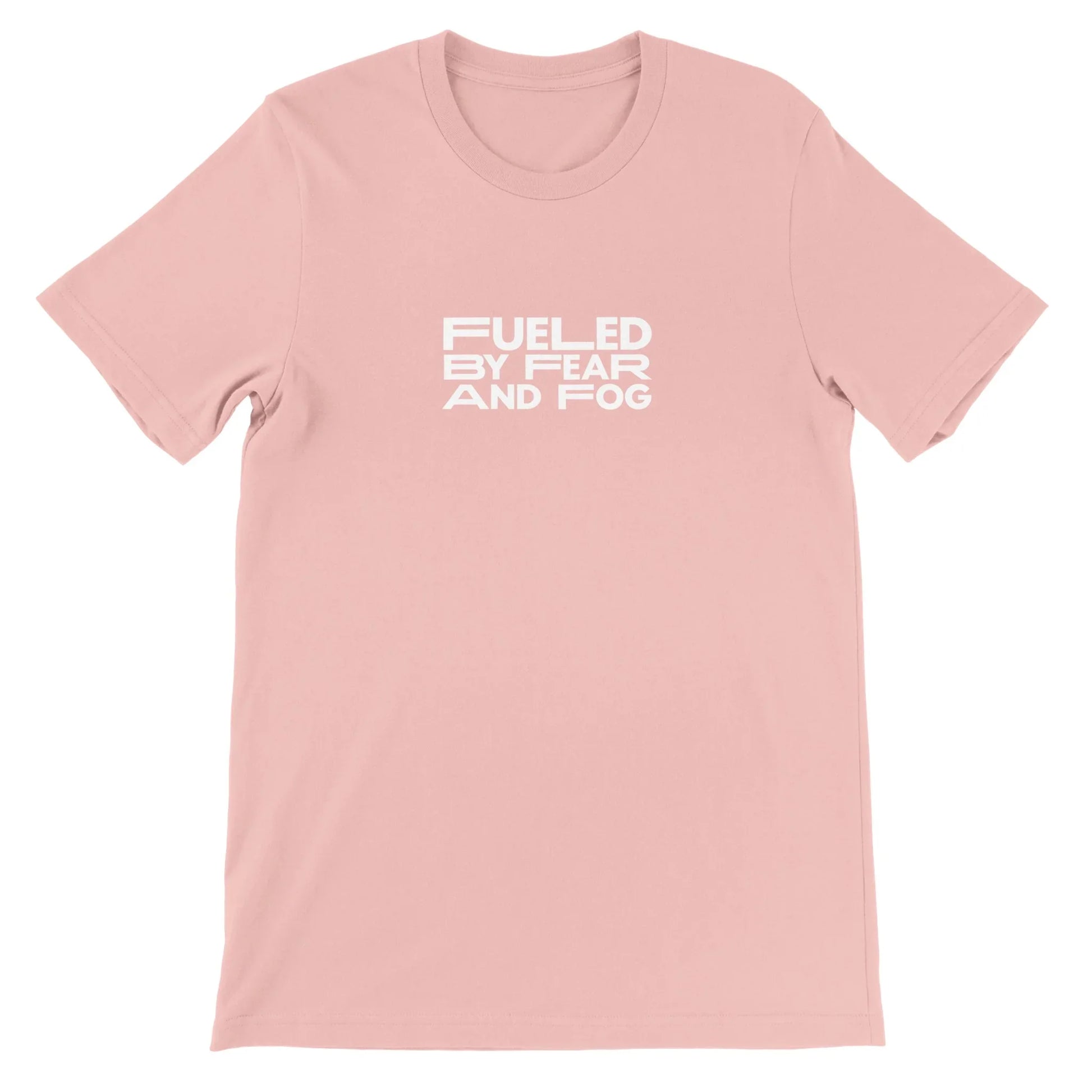 Pink Spooky Season Theme Park Shirt with “Fueled By Fear and Fog” in a minimalistic design