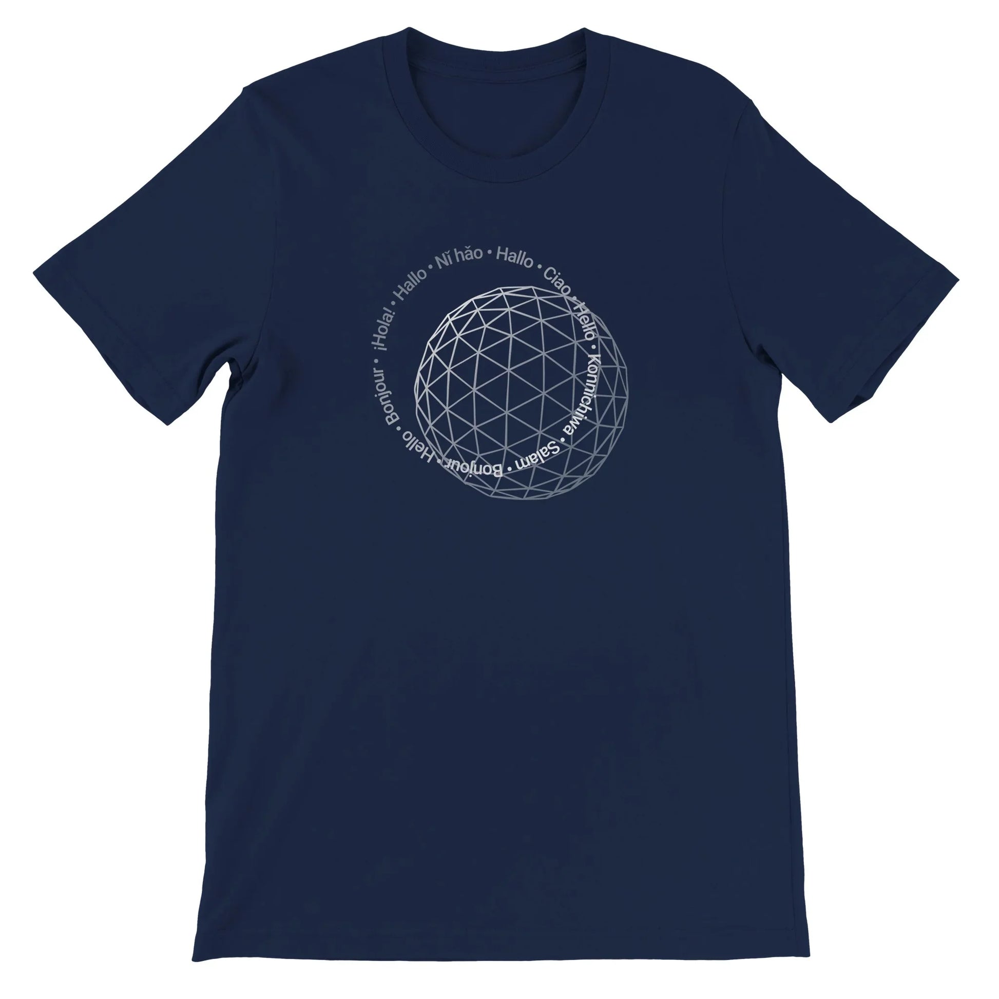 Blue Theme Park Shirt with “Hello In Eleven Different Languages” in a minimalistic design