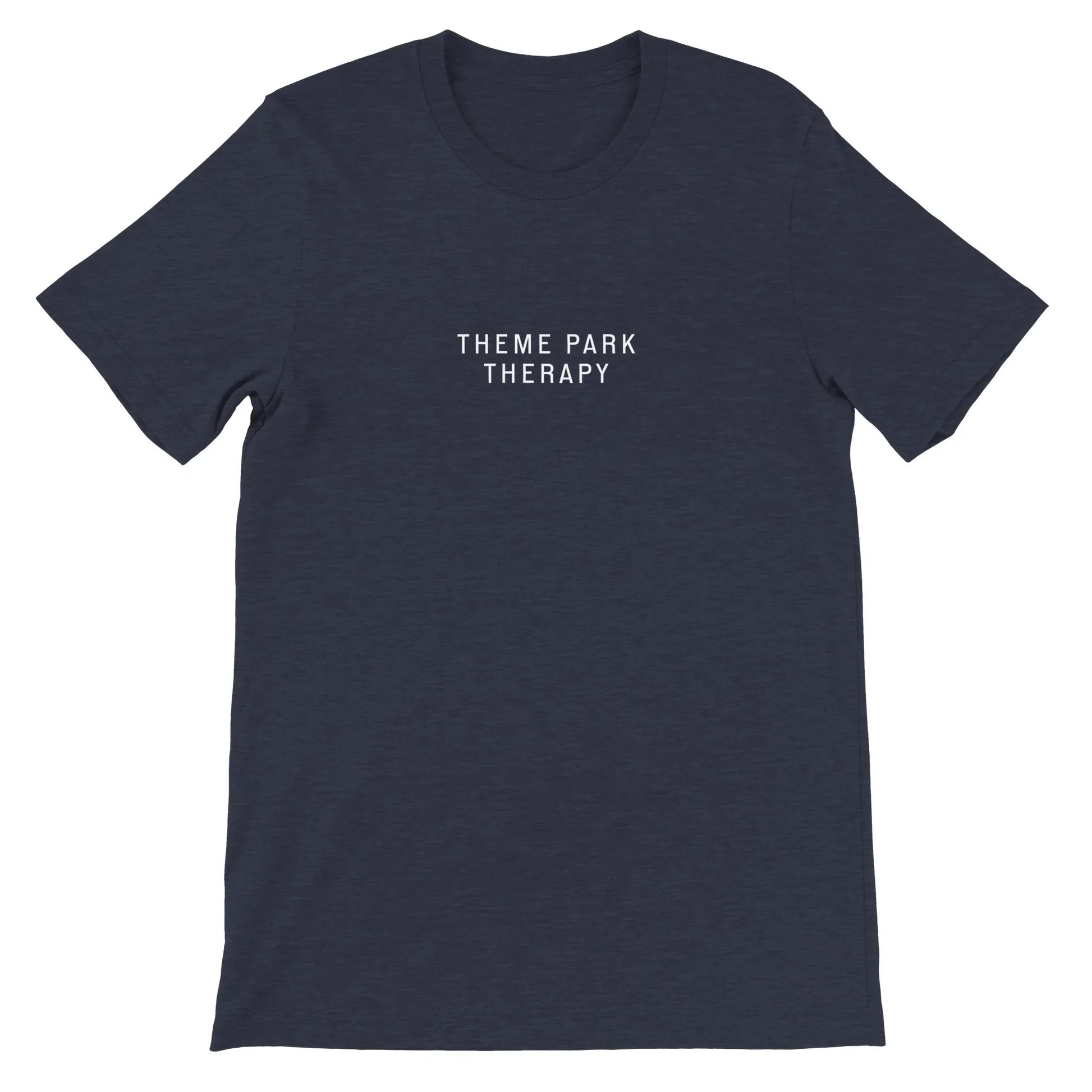 Navy Theme Park Shirt that says “Theme Park Therapy” in a minimalistic design