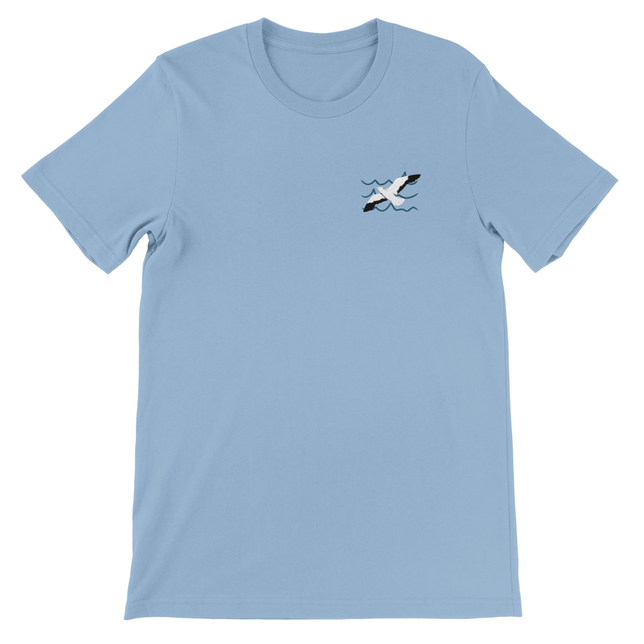 Light blue t-shirt with small black and white bird and wavy lines graphic on chest