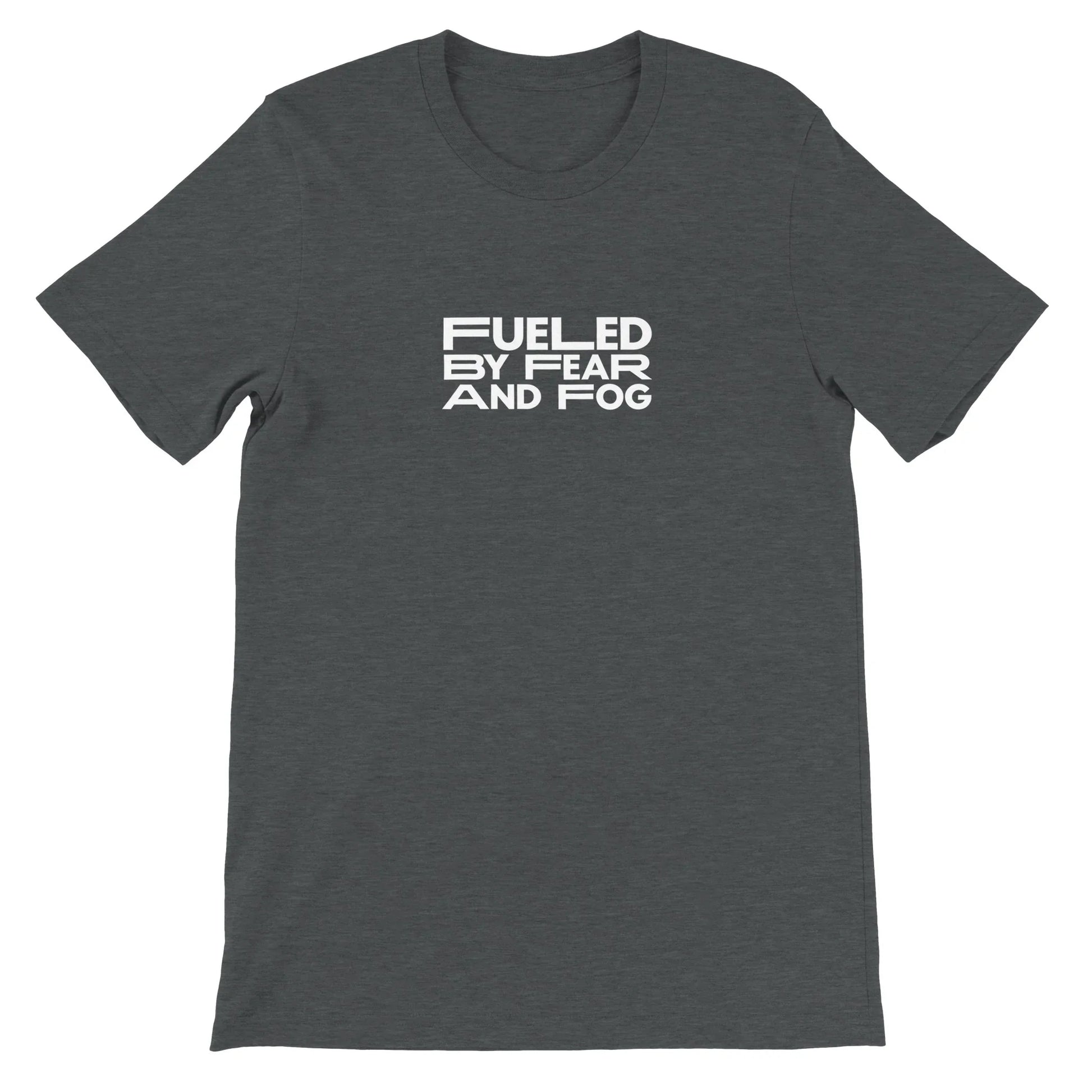 Grey Spooky Season Theme Park Shirt with “Fueled By Fear and Fog” in a minimalistic design