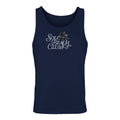 Navy blue tank top with 'Solo Beach Club' and palm tree graphic, beachwear apparel