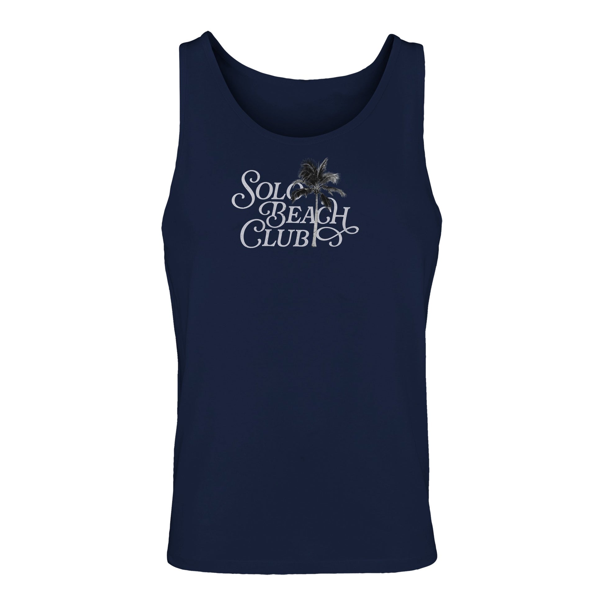 Navy blue tank top with 'Solo Beach Club' and palm tree graphic, beachwear apparel