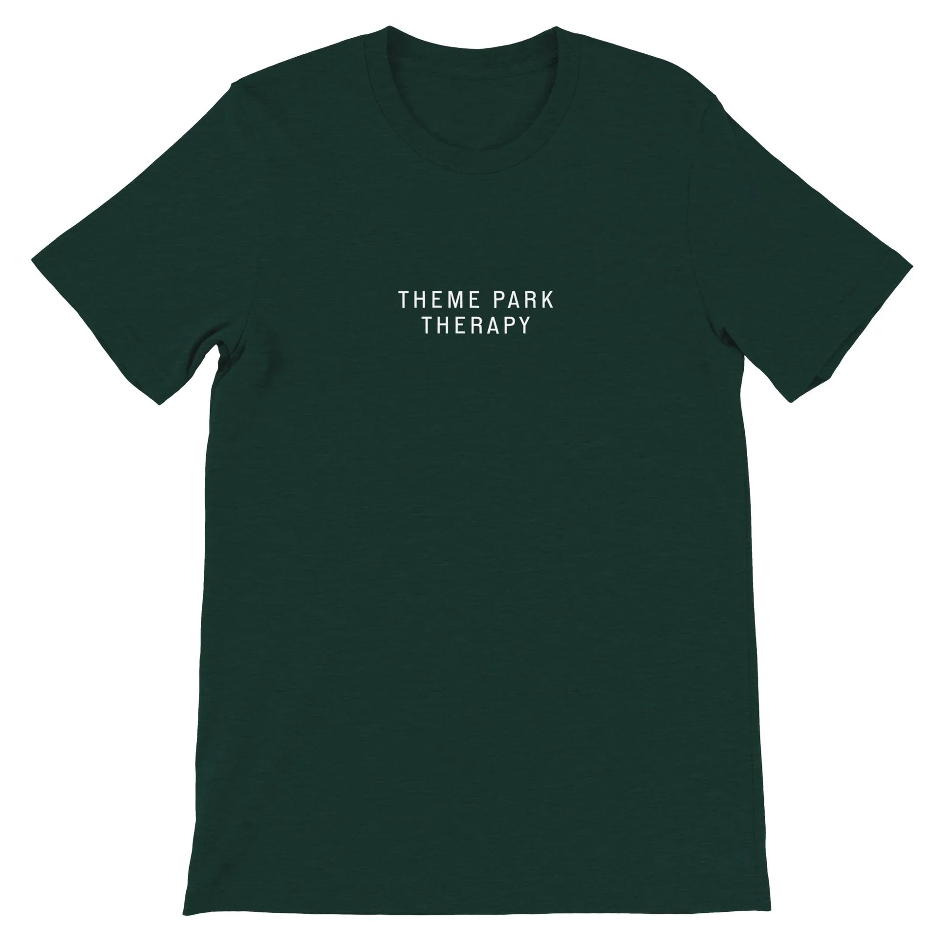 Dark Green Theme Park Shirt that says “Theme Park Therapy” in a minimalistic design