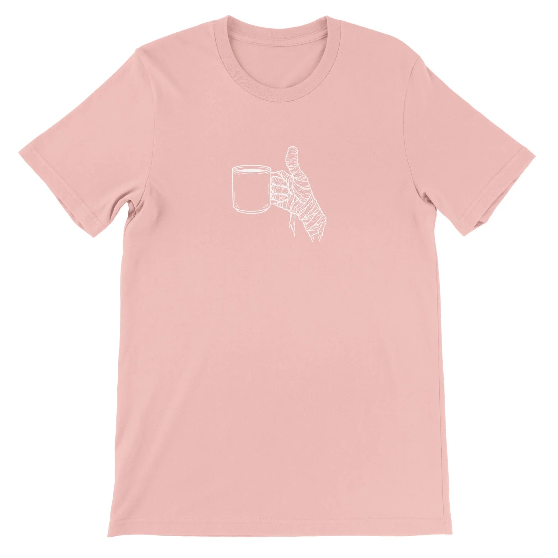 Pink Spooky Season Theme Park Shirt with a mummy hand holding a cup of coffee in a minimalistic design