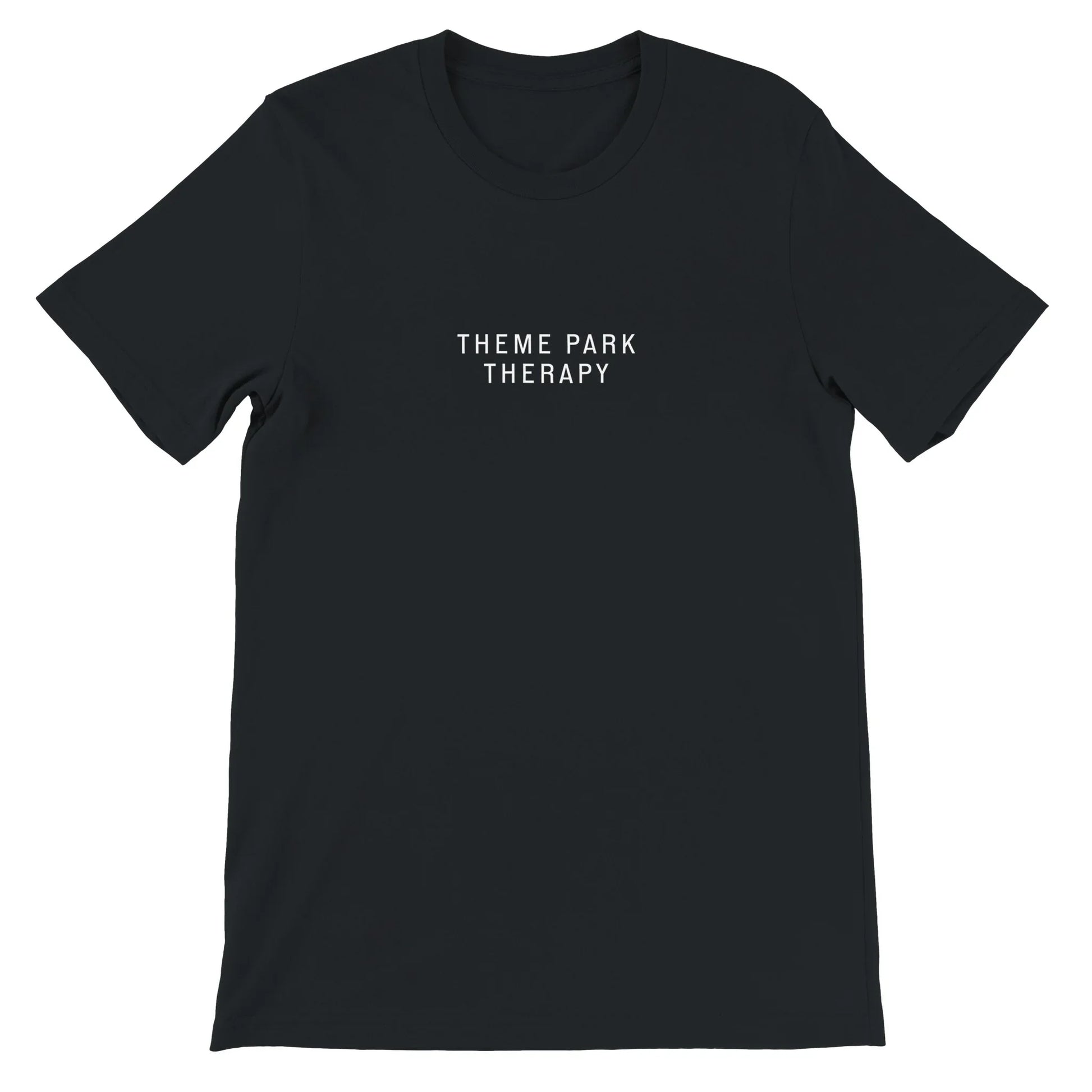 Black Theme Park Shirt that says “Theme Park Therapy” in a minimalistic design