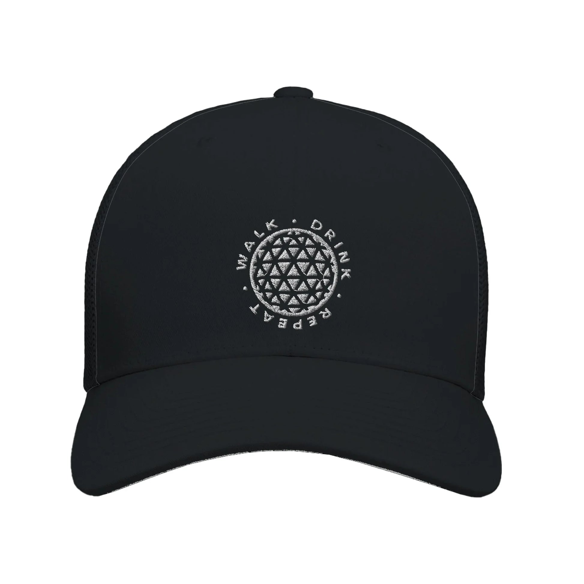 Black Embroidered Theme Park Trucker Hat with With “Walk Drink Repeat” around a geodesic sphere