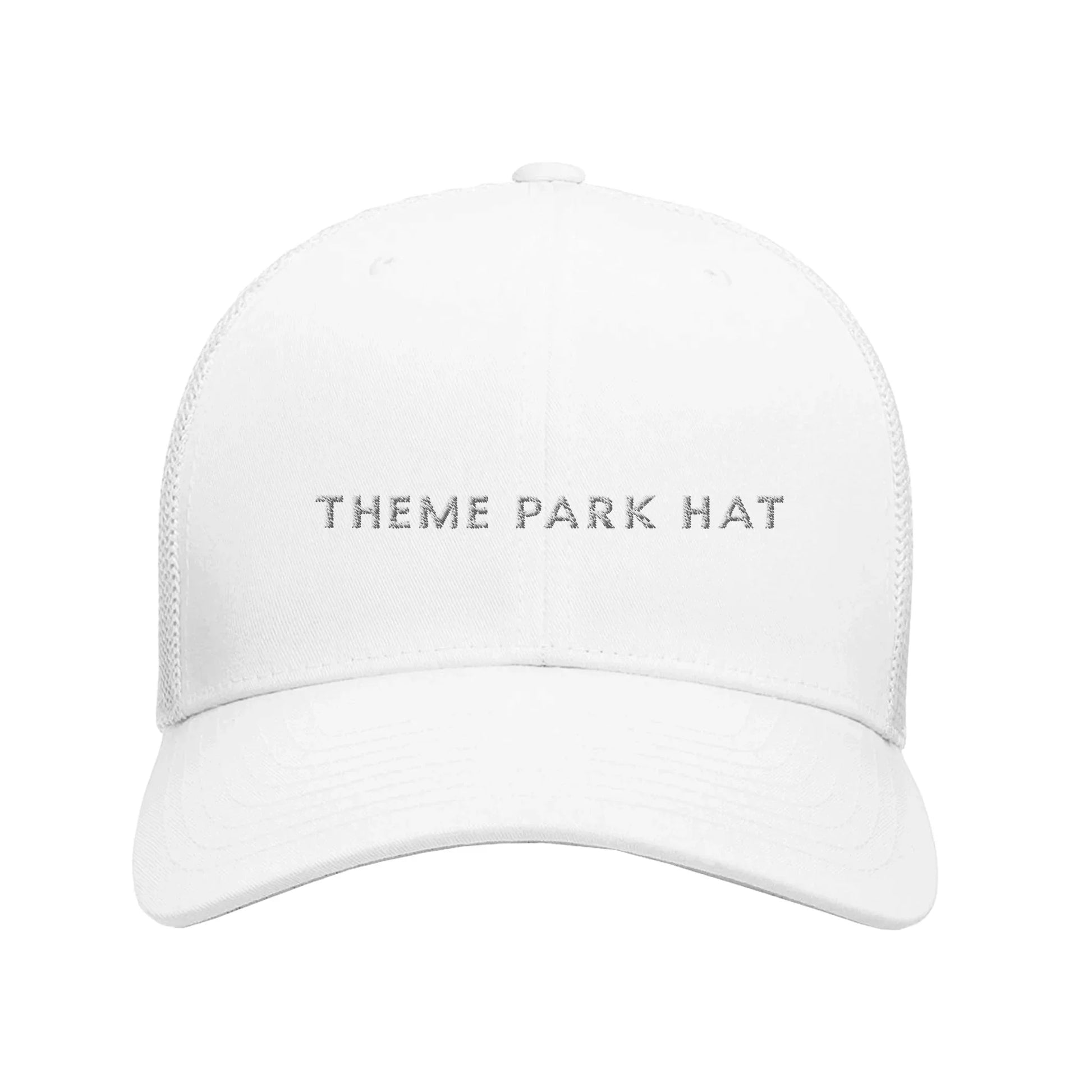 White Embroidered Theme Park Trucker Hat with With “Theme Park Hat” in a minimalistic design