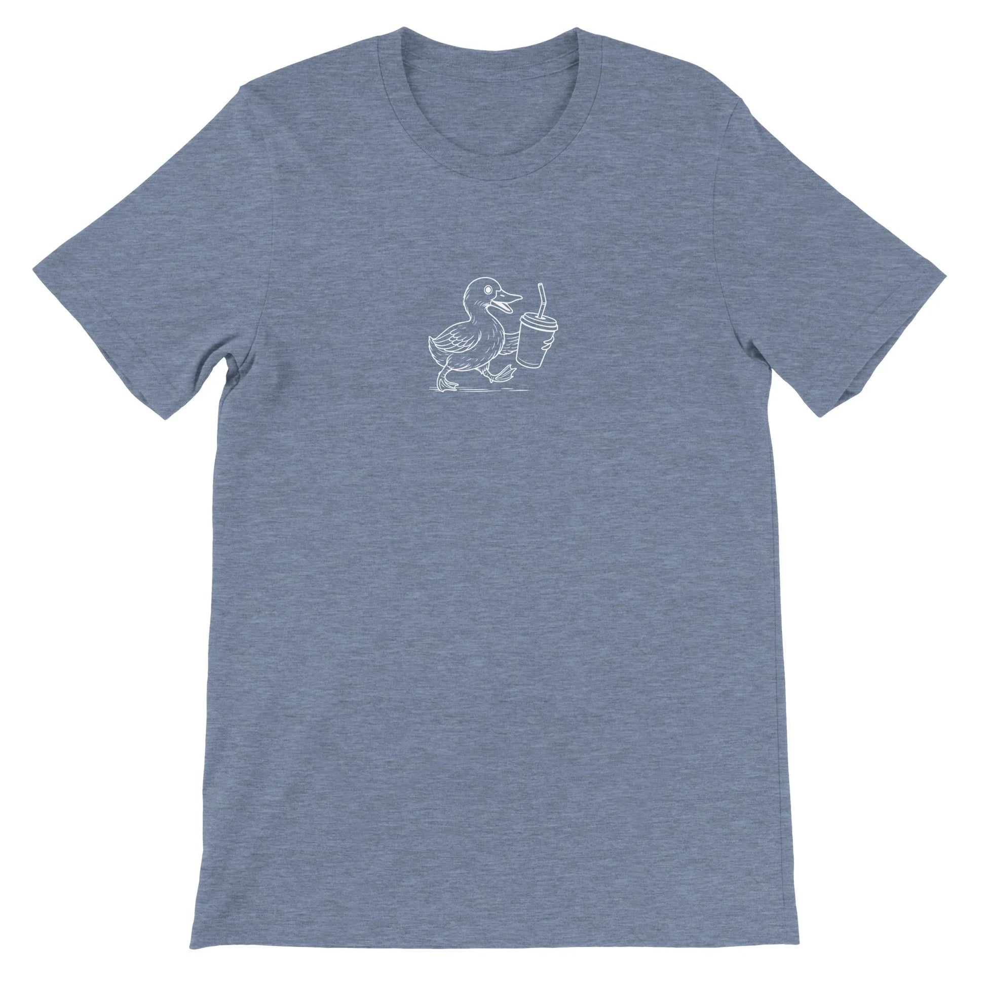 Blue Theme Park Shirt with a Theme Park Duck Holding a Soda In a Minimalistic Design